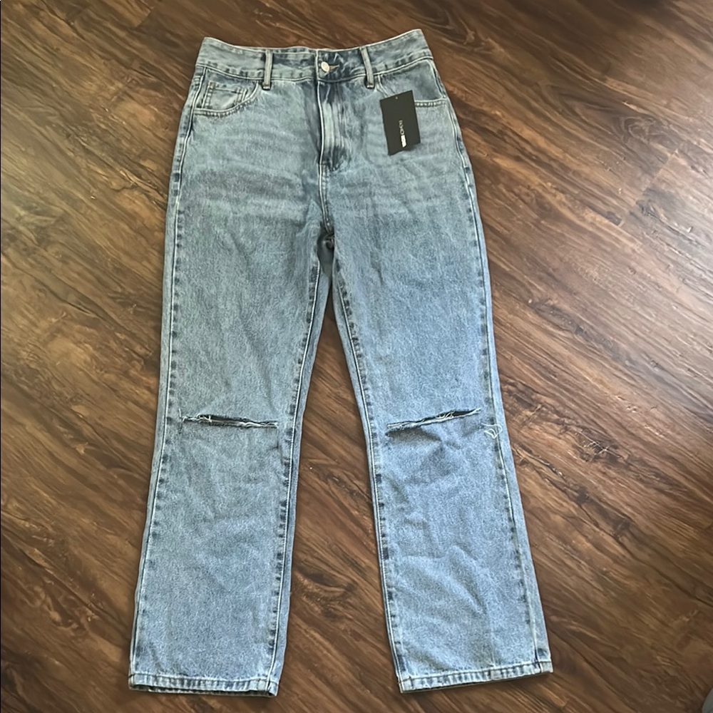 Fashion Nova Blue Straight Jeans with Distressed Details